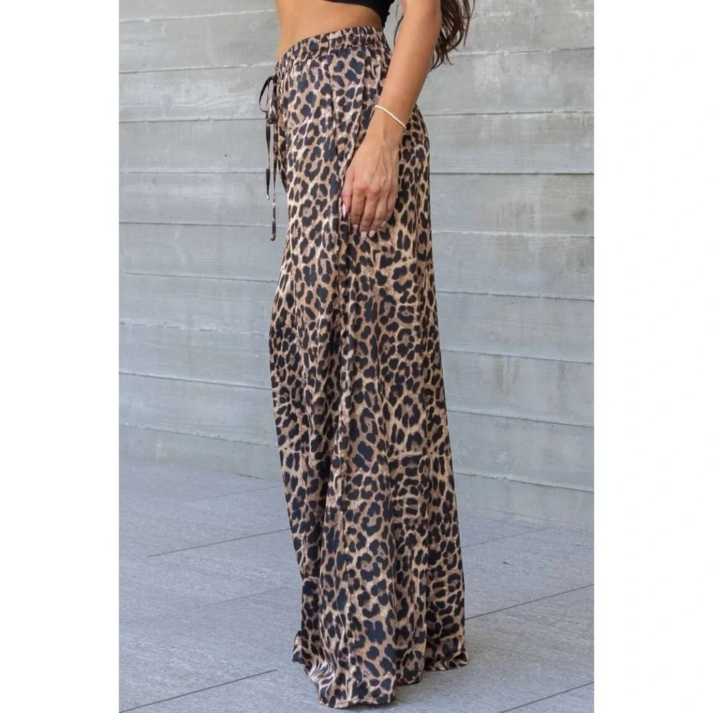 Wide Leg Satin Leopard Print Dressy Pants - Picture 4 of 6